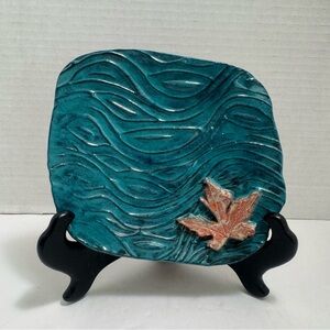 Handmade Signed Turquoise Studio Pottery Dish, Wavy Glazed Pattern, Leaf Accent